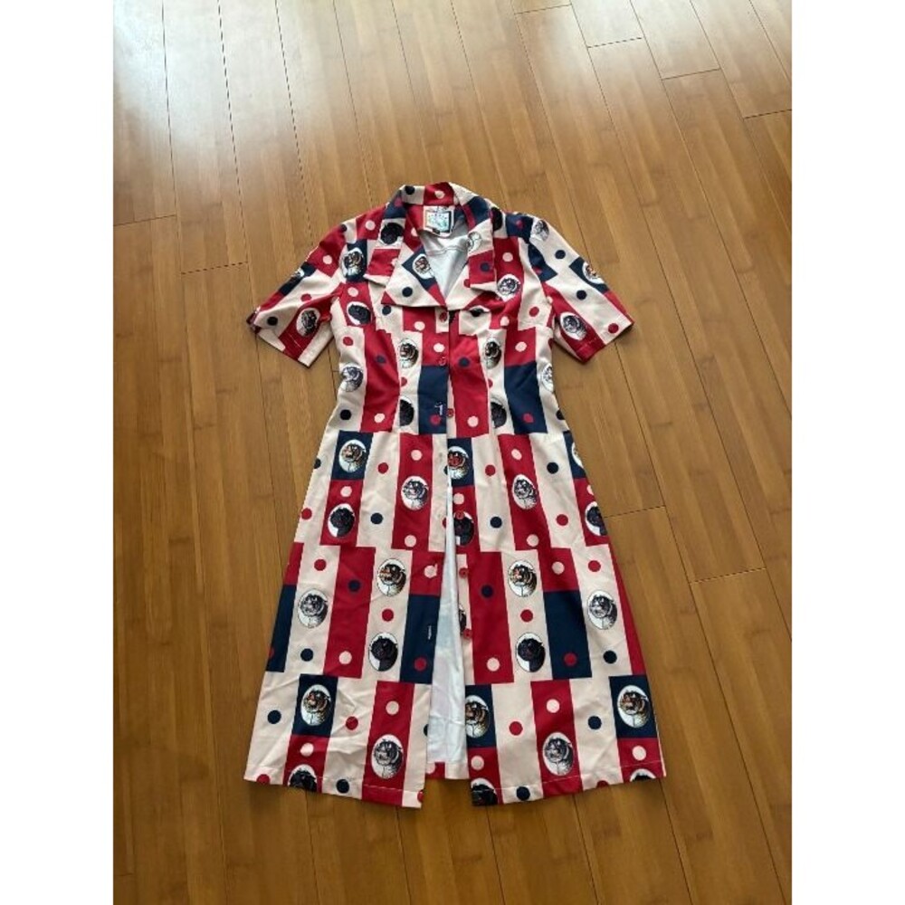 Mukzin Women's Red Blue White Button Front Midi Dress Tiger Print Small